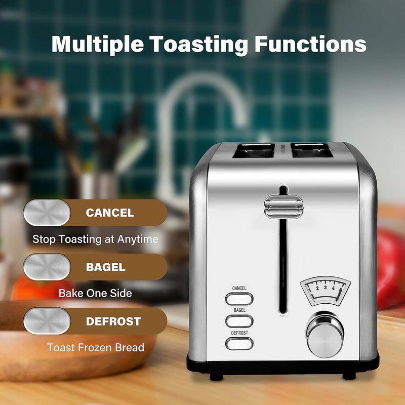 YSSOA 2-Slice Toaster with Extra Wide Slot & Removable Crumb Tray, 5 Browning Setting and 3 Function: Bagel/Defrost/Cancel, Retro Stainless-Steel Style, for Bread & Waffle, Silver - Image 2